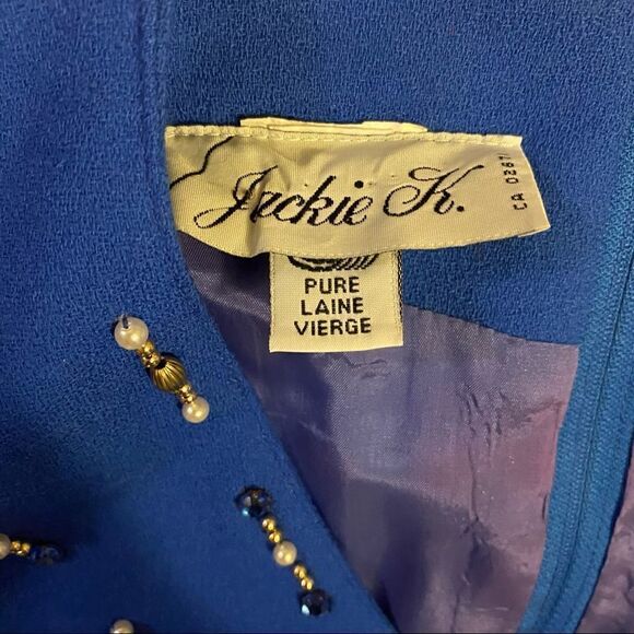 JACKIE K. VINTAGE • Royal Blue Beaded 3/4 Sleeve V-Neck Cocktail Dress - Picture 4 of 5